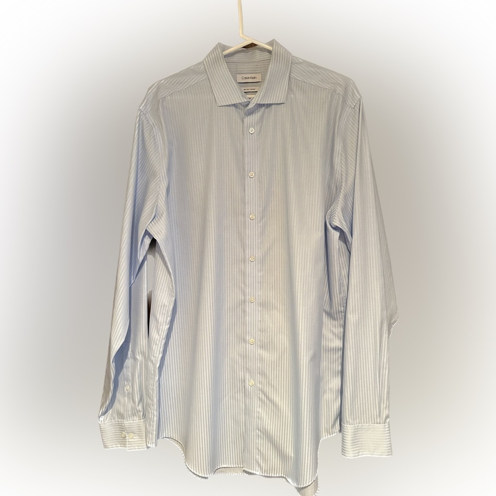 CALVIN KLEIN, Slim Fit, Non Iron, Blue Stripped, Dress Shirt - 17, 36/37 Tall